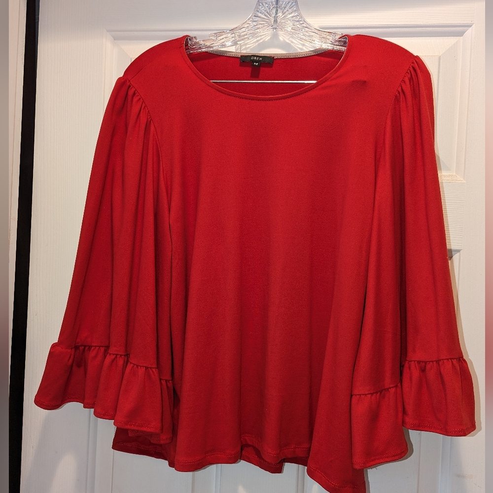 Anthropologie Vibrant Red Ruffle-Sleeve Blouse